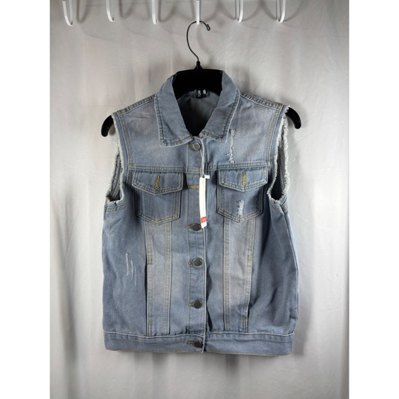 Current Tops - Current Women's Distressed Light Wash Denim Vest Frayed Sleeveless L NWT